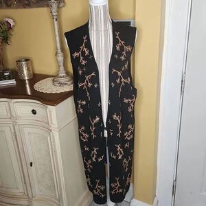 Vintage Liz Claiborne company black floral long open cardigan sweater wo…